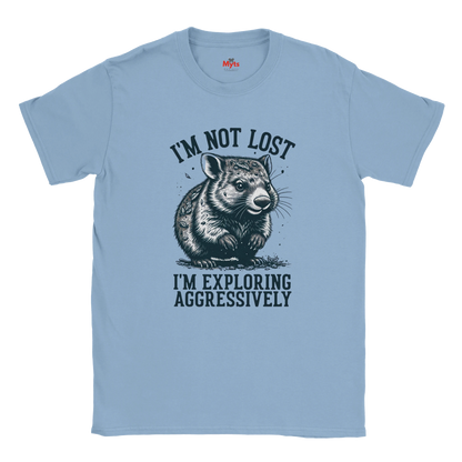 Light blue t-shirt with a Wombat graphic and text on a white background