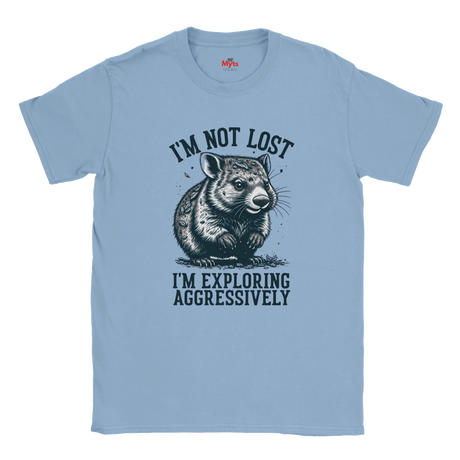 Light blue t-shirt with a Wombat graphic and text on a white background