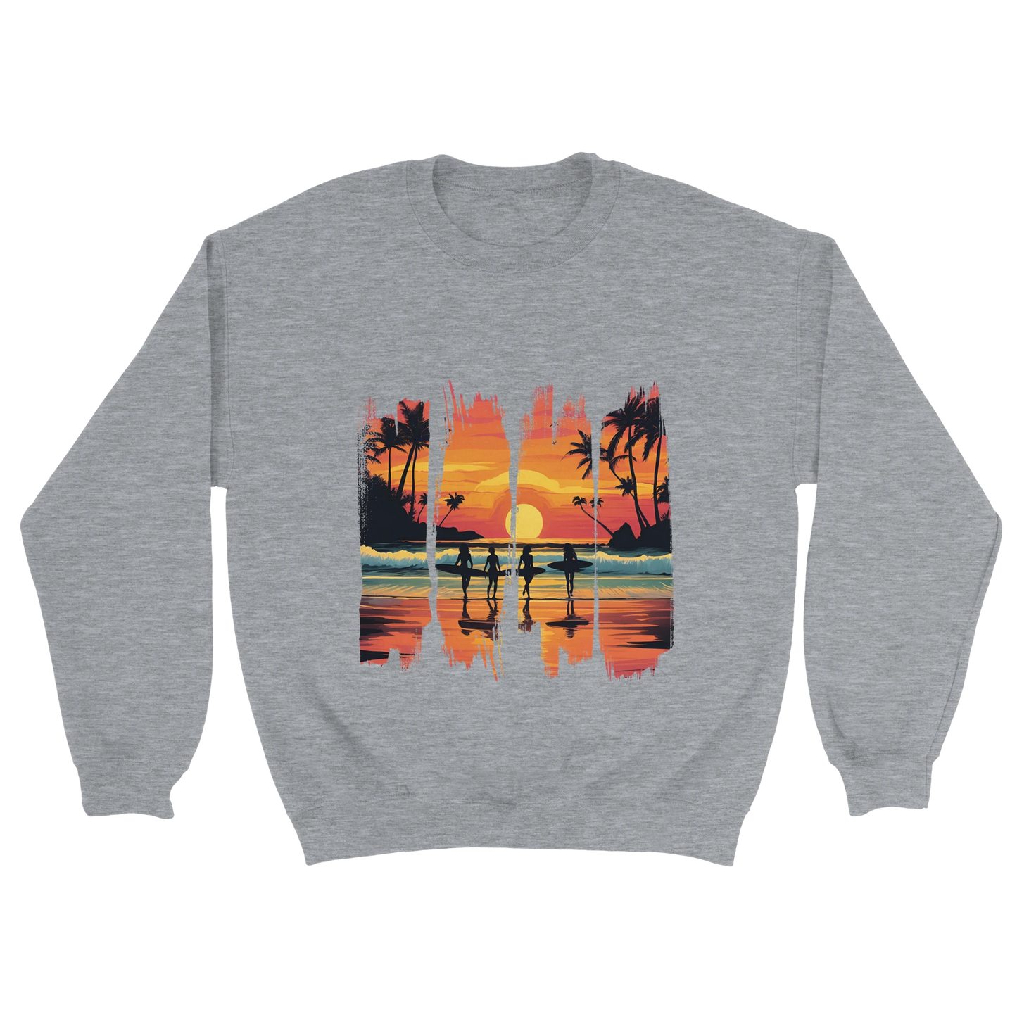 A grey unisex sweatshirt featuring a vibrant tropical sunset design with silhouettes of surfers walking along a beach. The graphic includes palm trees, an orange and pink sky, and artistic brushstroke edges, creating a modern coastal vibe. Ideal for beach lovers, surfers, and casual fashion fans.

