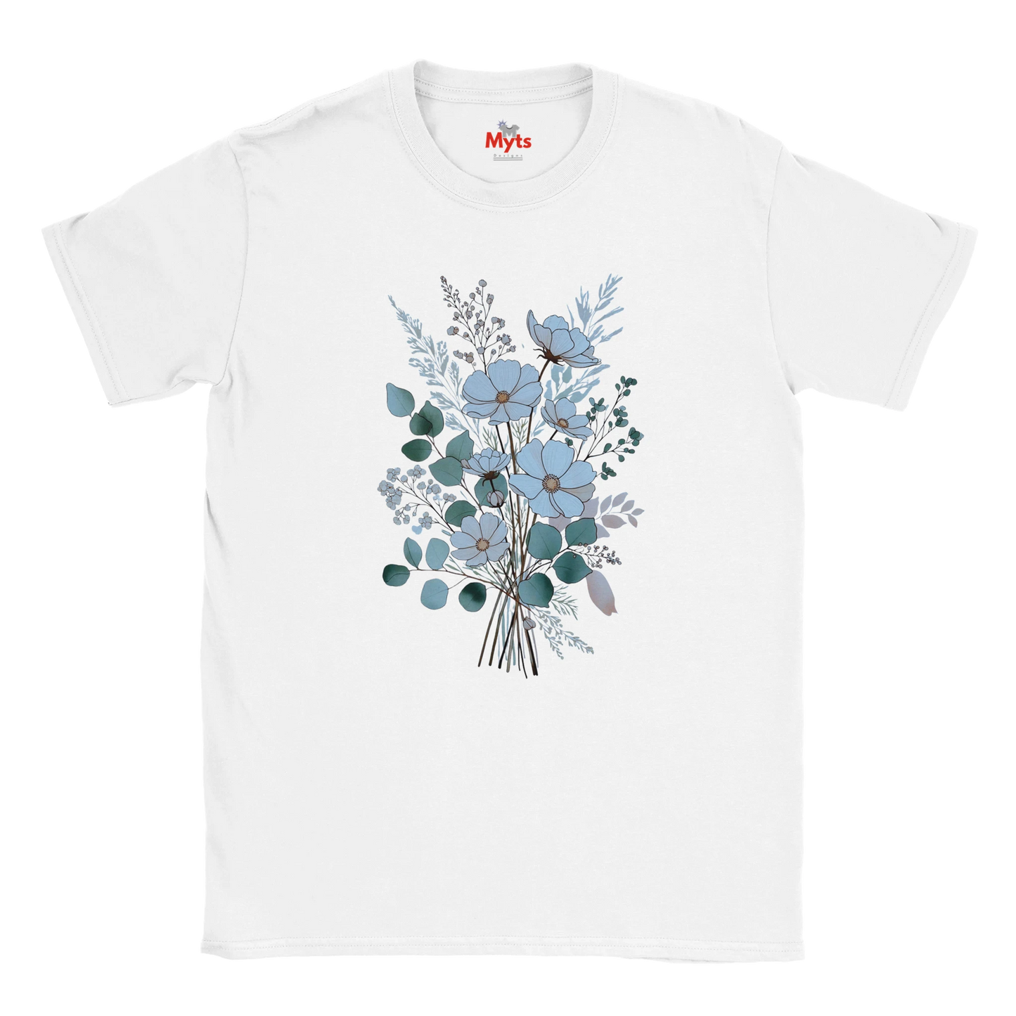 A white short-sleeve crewneck t-shirt featuring a central graphic print of a bouquet of light blue flowers and green eucalyptus leaves, with a small red 'Myts' logo printed inside the collar.