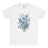 A white short-sleeve crewneck t-shirt featuring a central graphic print of a bouquet of light blue flowers and green eucalyptus leaves, with a small red 'Myts' logo printed inside the collar.