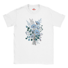 A white short-sleeve crewneck t-shirt featuring a central graphic print of a bouquet of light blue flowers and green eucalyptus leaves, with a small red 'Myts' logo printed inside the collar.