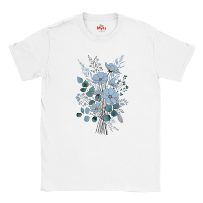 A white short-sleeve crewneck t-shirt featuring a central graphic print of a bouquet of light blue flowers and green eucalyptus leaves, with a small red 'Myts' logo printed inside the collar.
