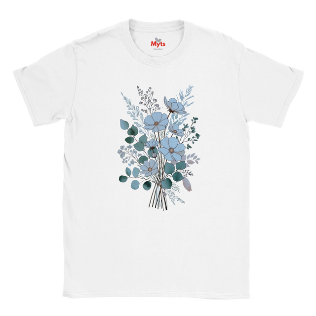 A white short-sleeve crewneck t-shirt featuring a central graphic print of a bouquet of light blue flowers and green eucalyptus leaves, with a small red 'Myts' logo printed inside the collar.