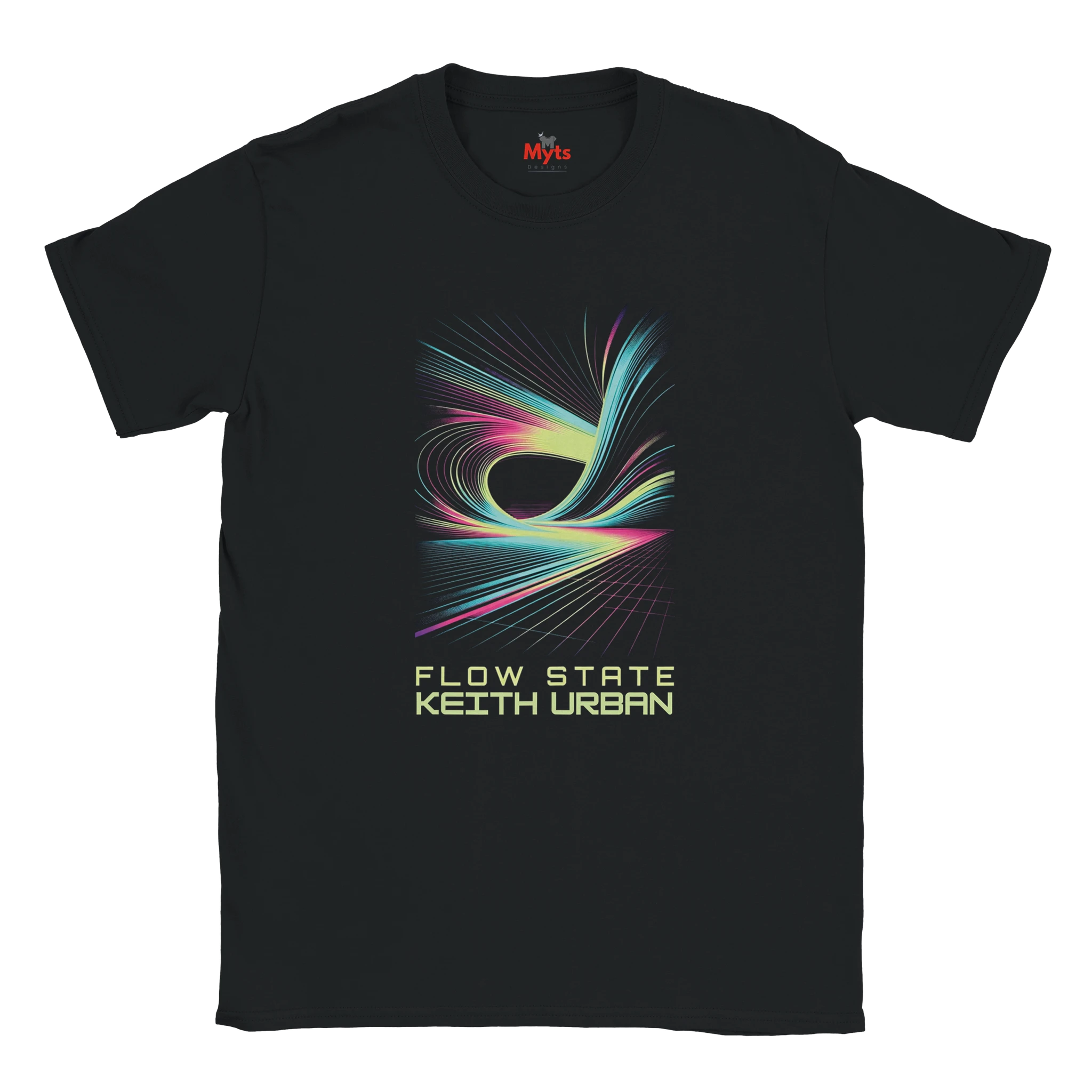 Black t-shirt with colorful graphic and 'Flow State Keith Urban' text on a white background