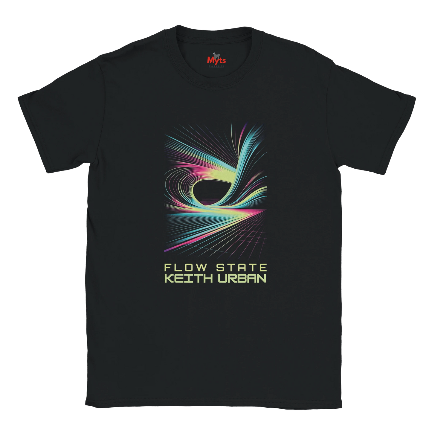 Black t-shirt with colorful graphic and 'Flow State Keith Urban' text on a white background