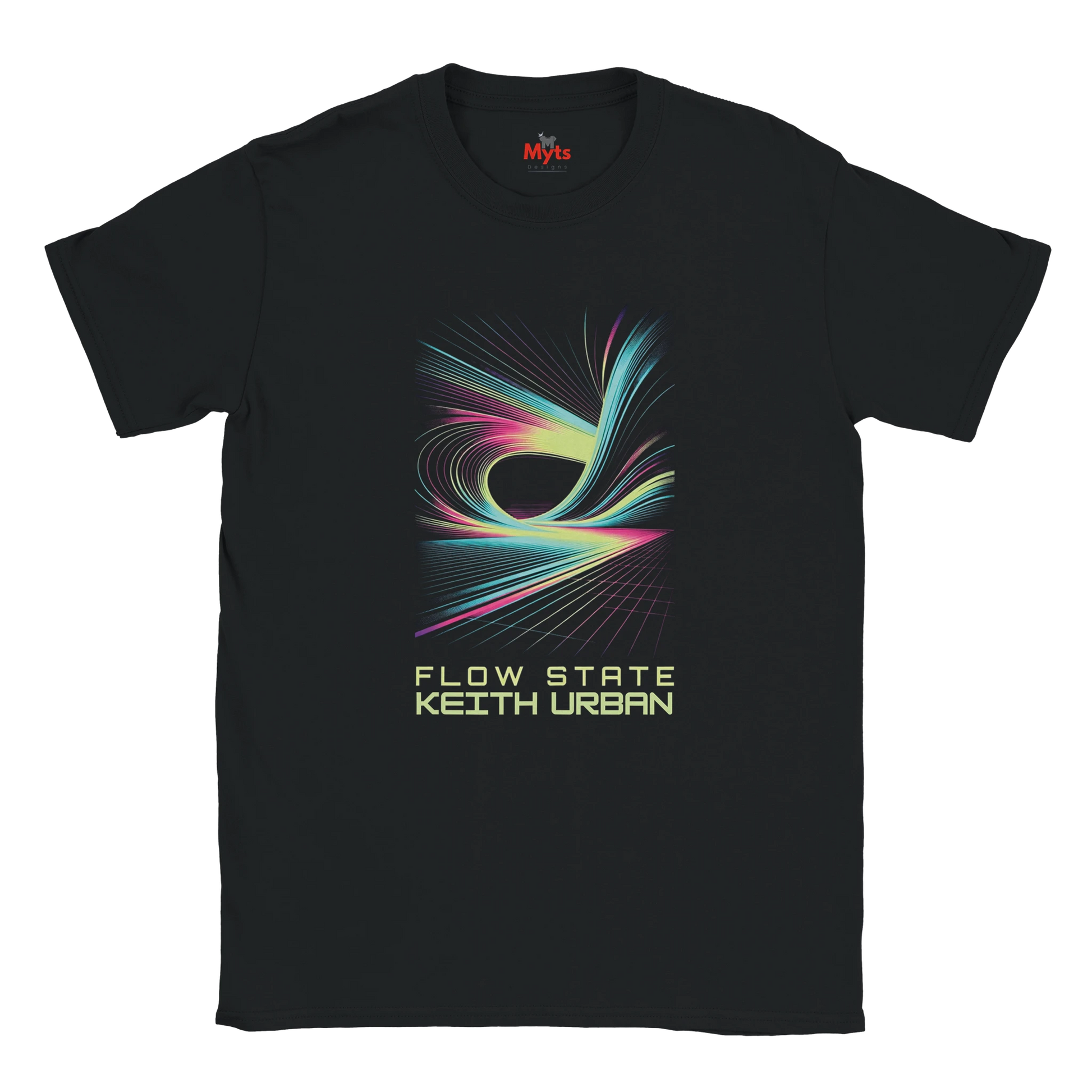 Black t-shirt with colorful graphic and 'Flow State Keith Urban' text on a white background