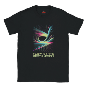 Black t-shirt with colorful graphic and 'Flow State Keith Urban' text on a white background