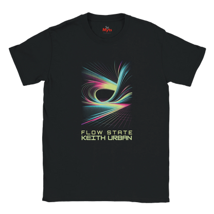 Black t-shirt with colorful graphic and 'Flow State Keith Urban' text on a white background