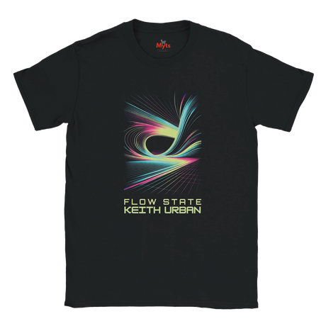 Black t-shirt with colorful graphic and 'Flow State Keith Urban' text on a white background