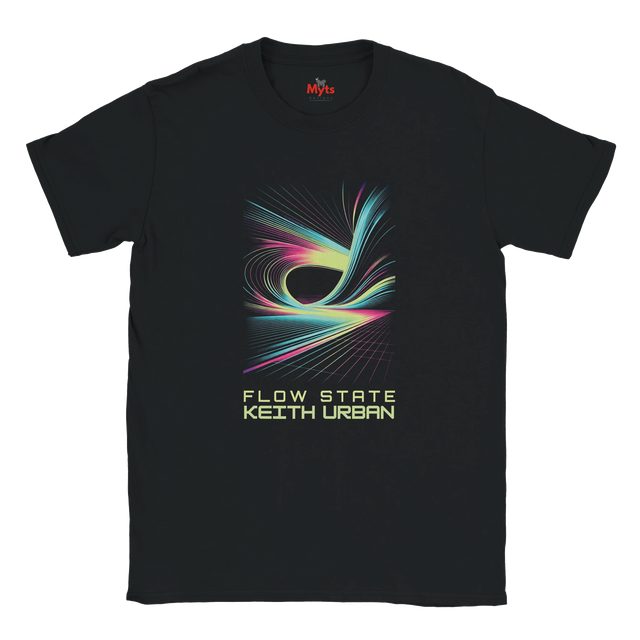 Black t-shirt with colorful graphic and 'Flow State Keith Urban' text on a white background