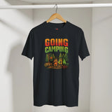 Black t-shirt with 'Going Camping' graphic design on a hanger against a white background