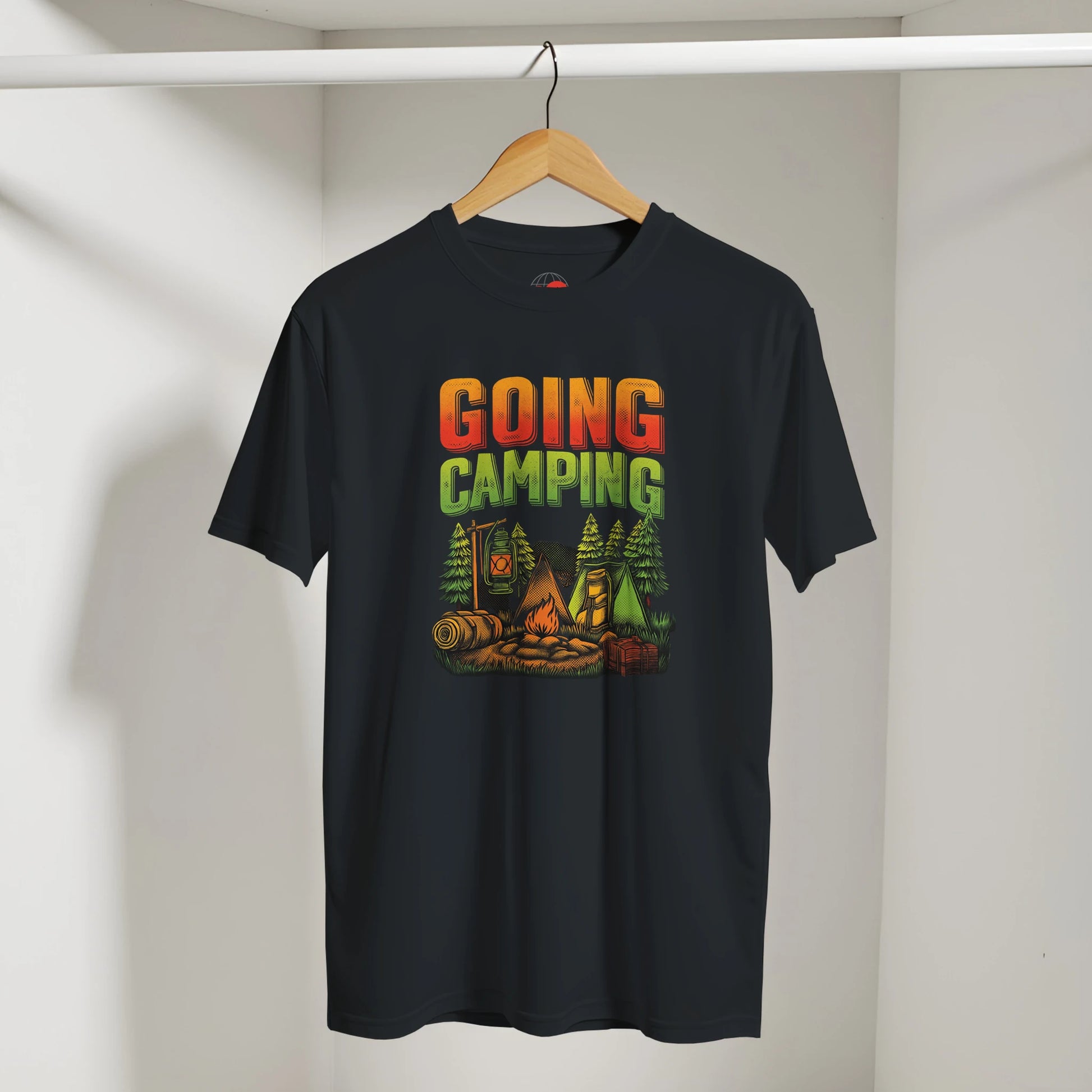 Black t-shirt with 'Going Camping' graphic design on a hanger against a white background