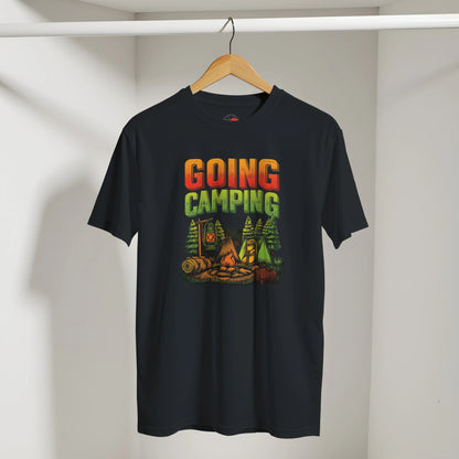 Black t-shirt with 'Going Camping' graphic design on a hanger against a white background