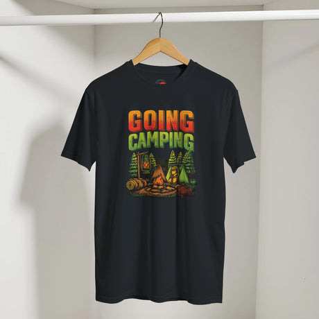 Black t-shirt with 'Going Camping' graphic design on a hanger against a white background