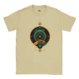 Beige t-shirt with a celestial design on a white background