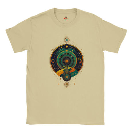 Beige t-shirt with a celestial design on a white background