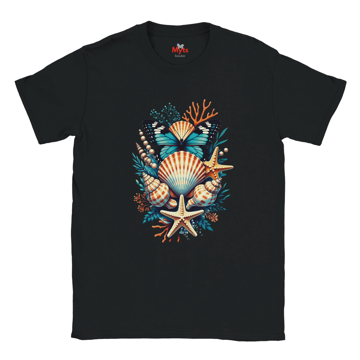 A black short-sleeve crewneck t-shirt featuring a colorful graphic print of seashells, starfish, a butterfly, and coral on the front, displayed against a solid white background.