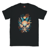A black short-sleeve crewneck t-shirt featuring a colorful graphic print of seashells, starfish, a butterfly, and coral on the front, displayed against a solid white background.