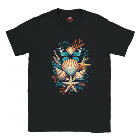 A black short-sleeve crewneck t-shirt featuring a colorful graphic print of seashells, starfish, a butterfly, and coral on the front, displayed against a solid white background.