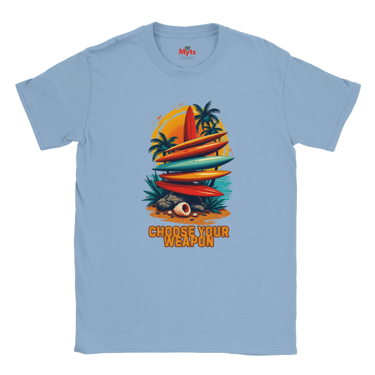 Light blue t-shirt with a graphic design of surfboards and palm trees on a white background