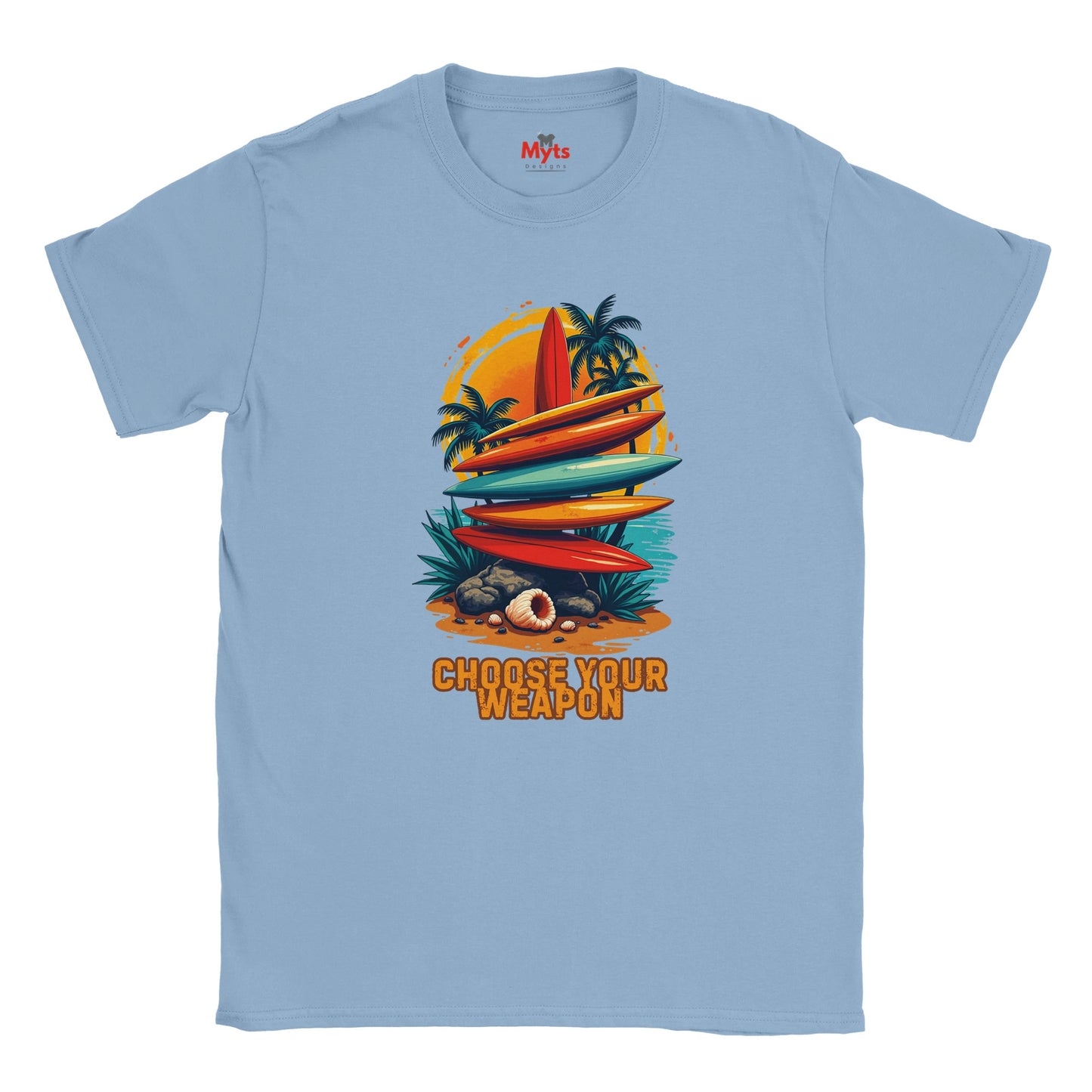 Light blue t-shirt with a graphic design of surfboards and palm trees on a white background