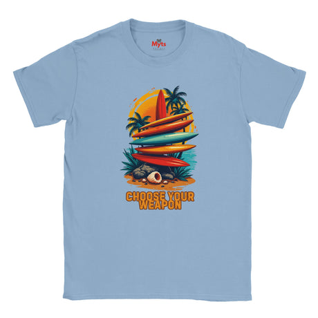 Light blue t-shirt with a graphic design of surfboards and palm trees on a white background