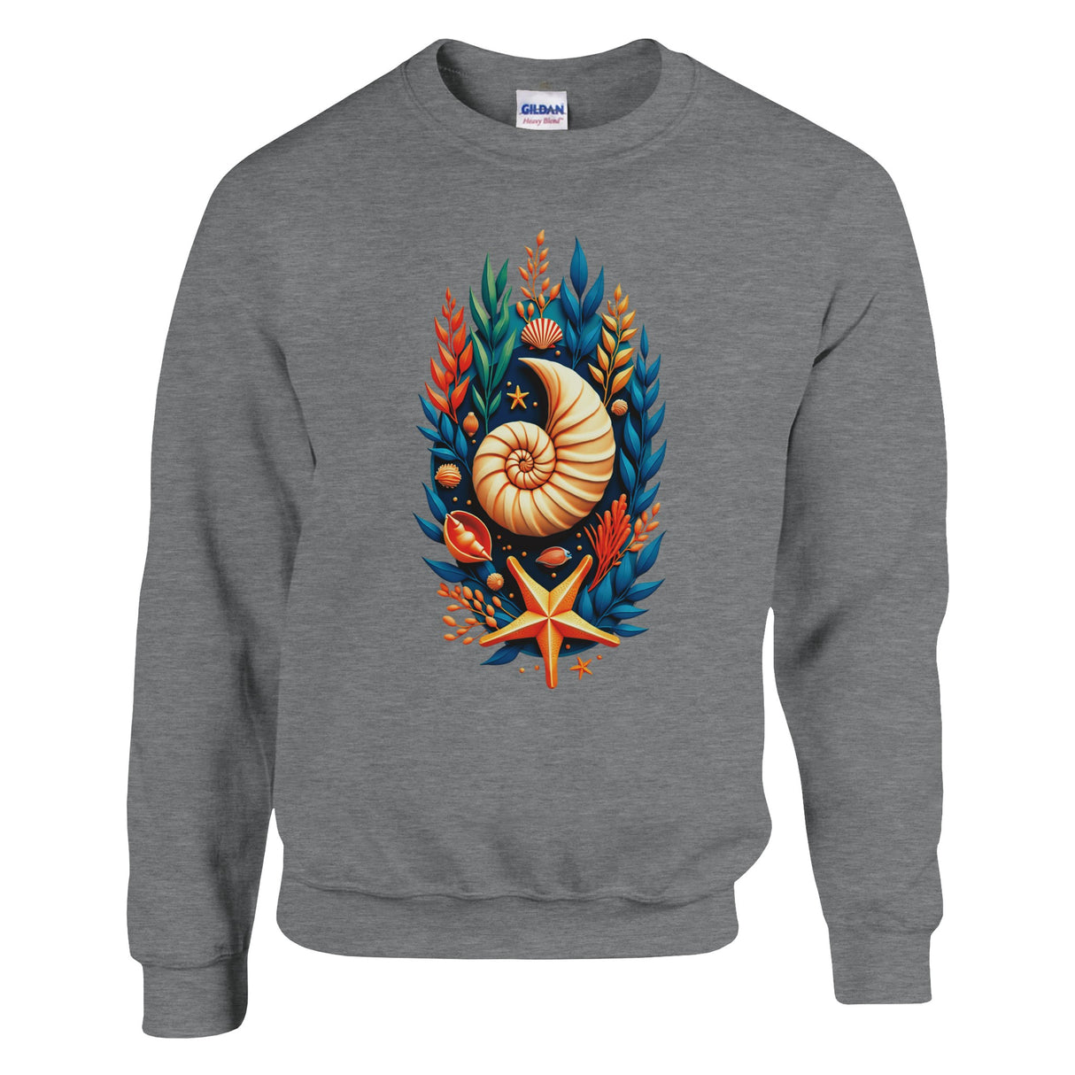 A heather gray crewneck sweatshirt featuring a colorful graphic print of a nautilus shell, starfish, and seashells on the front, displayed on a clean white background.