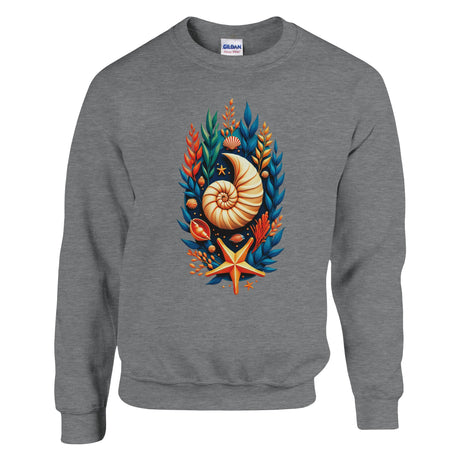 A heather gray crewneck sweatshirt featuring a colorful graphic print of a nautilus shell, starfish, and seashells on the front, displayed on a clean white background.