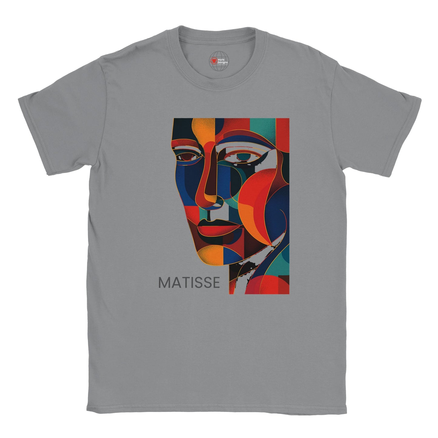 Gray t-shirt with a colorful abstract face design and 'Matisse' text on a white background
