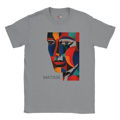Gray t-shirt with a colorful abstract face design and 'Matisse' text on a white background