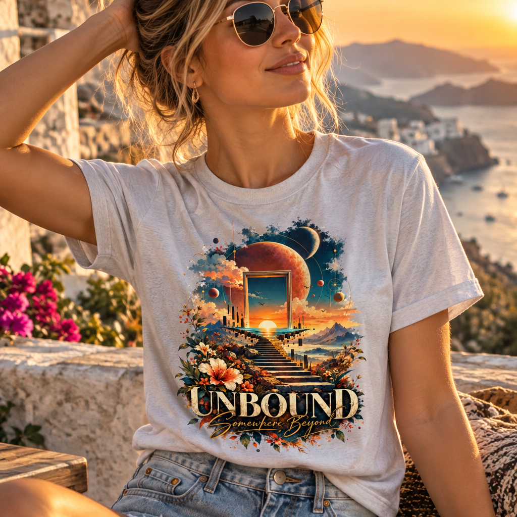 Unbound Somewhere Beyond celestial portal and floral dreamscape design on white unisex graphic T-shirt