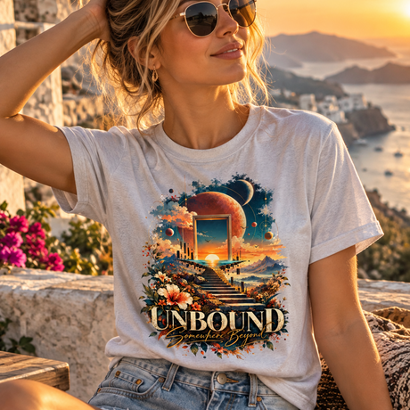 Unbound Somewhere Beyond celestial portal and floral dreamscape design on white unisex graphic T-shirt