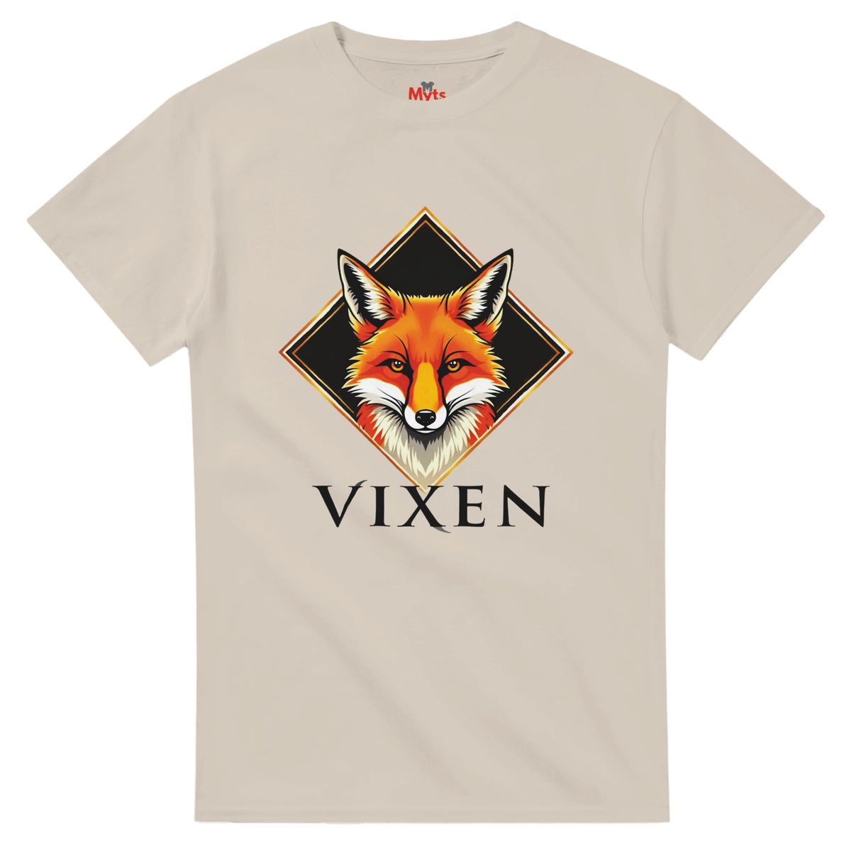 Sand t-shirt with a fox graphic and 'Vixen' text on a white background