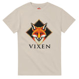 Sand t-shirt with a fox graphic and 'Vixen' text on a white background