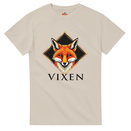Sand t-shirt with a fox graphic and 'Vixen' text on a white background