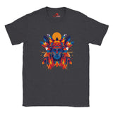 Front view of T-shirt with American Indian-style geometric vector design on dark heather cotton fabric – soft unisex fit
