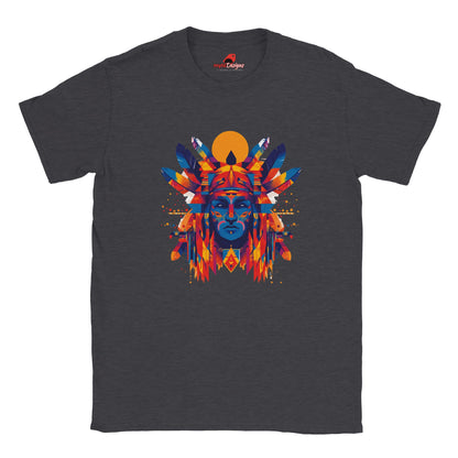 Front view of T-shirt with American Indian-style geometric vector design on dark heather cotton fabric – soft unisex fit