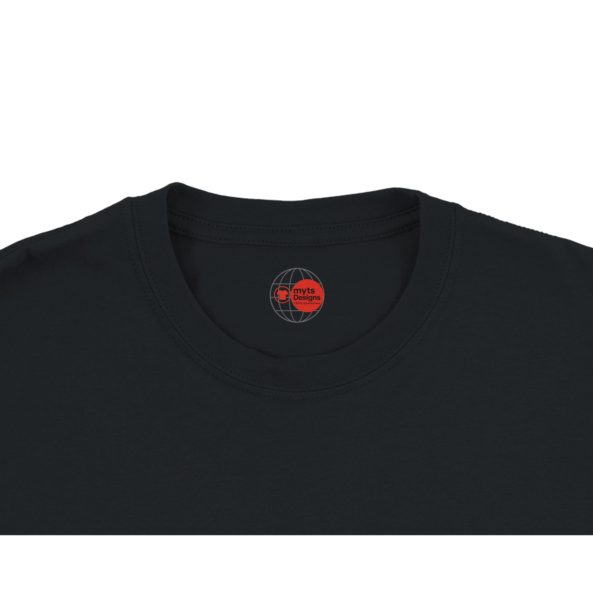 Black t-shirt with a red and white logo on the collar against a white background