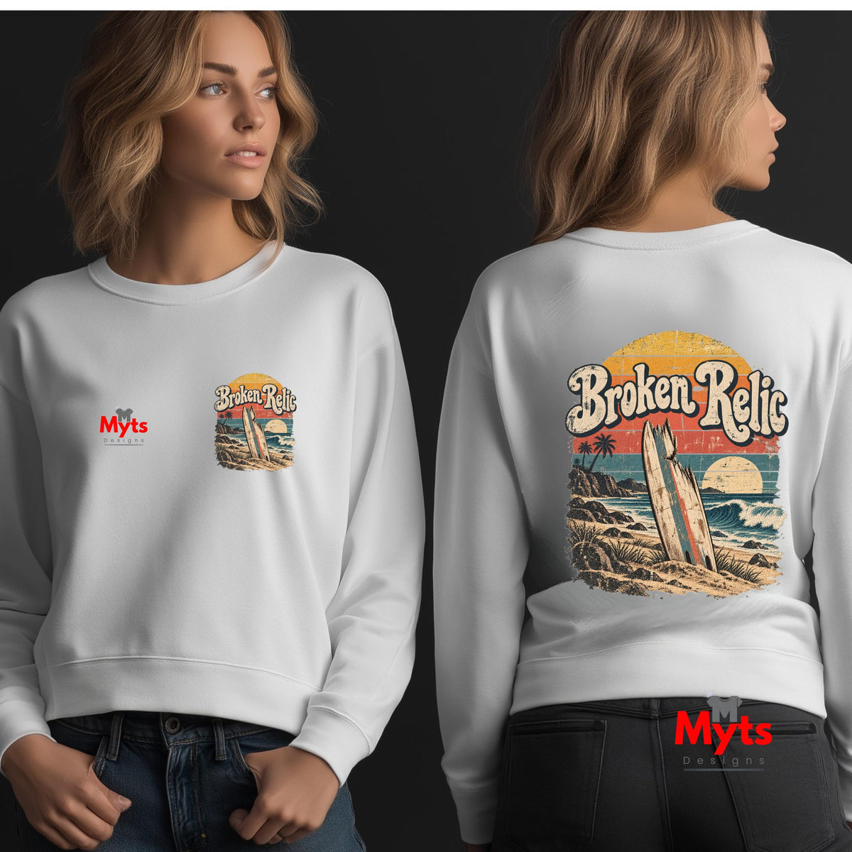 Broken Relic white unisex crewneck sweatshirt with small front surf graphic and large vintage surfboard beach design on back