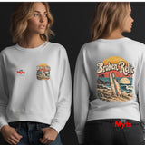 Broken Relic white unisex crewneck sweatshirt with small front surf graphic and large vintage surfboard beach design on back