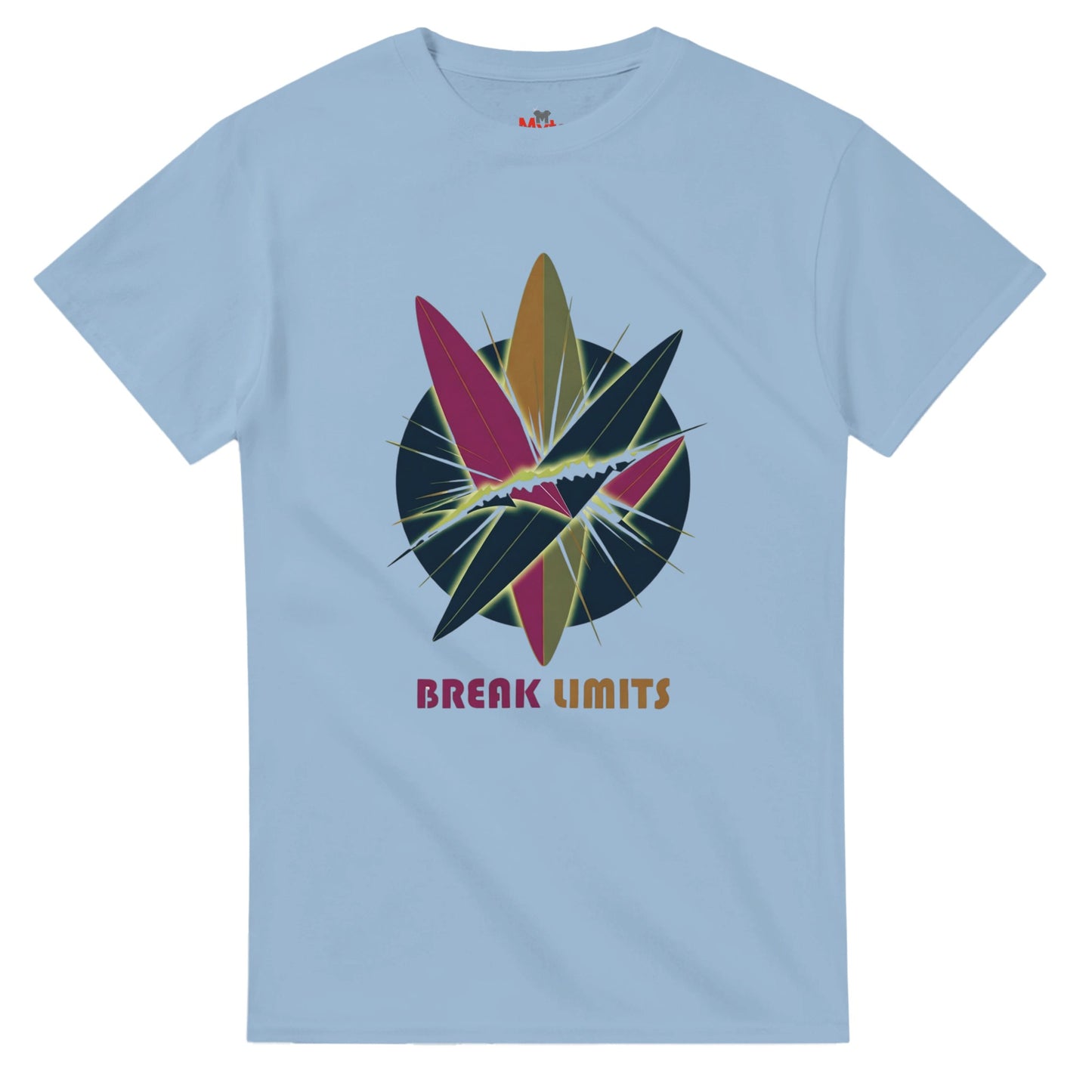 Light blue t-shirt with colorful graphic design and 'Break Limits' text on a white background