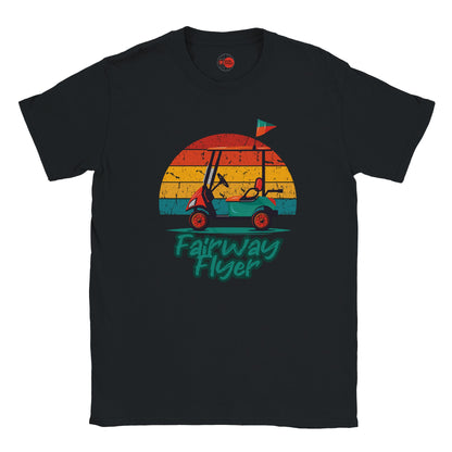 Black t-shirt with 'Fairway Flyer' graphic design featuring a golf cart and sunset on a white background.