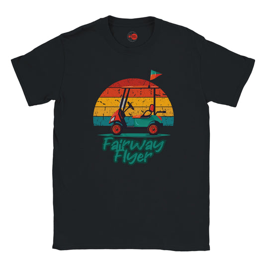 Black t-shirt with 'Fairway Flyer' graphic design featuring a golf cart and sunset on a white background.