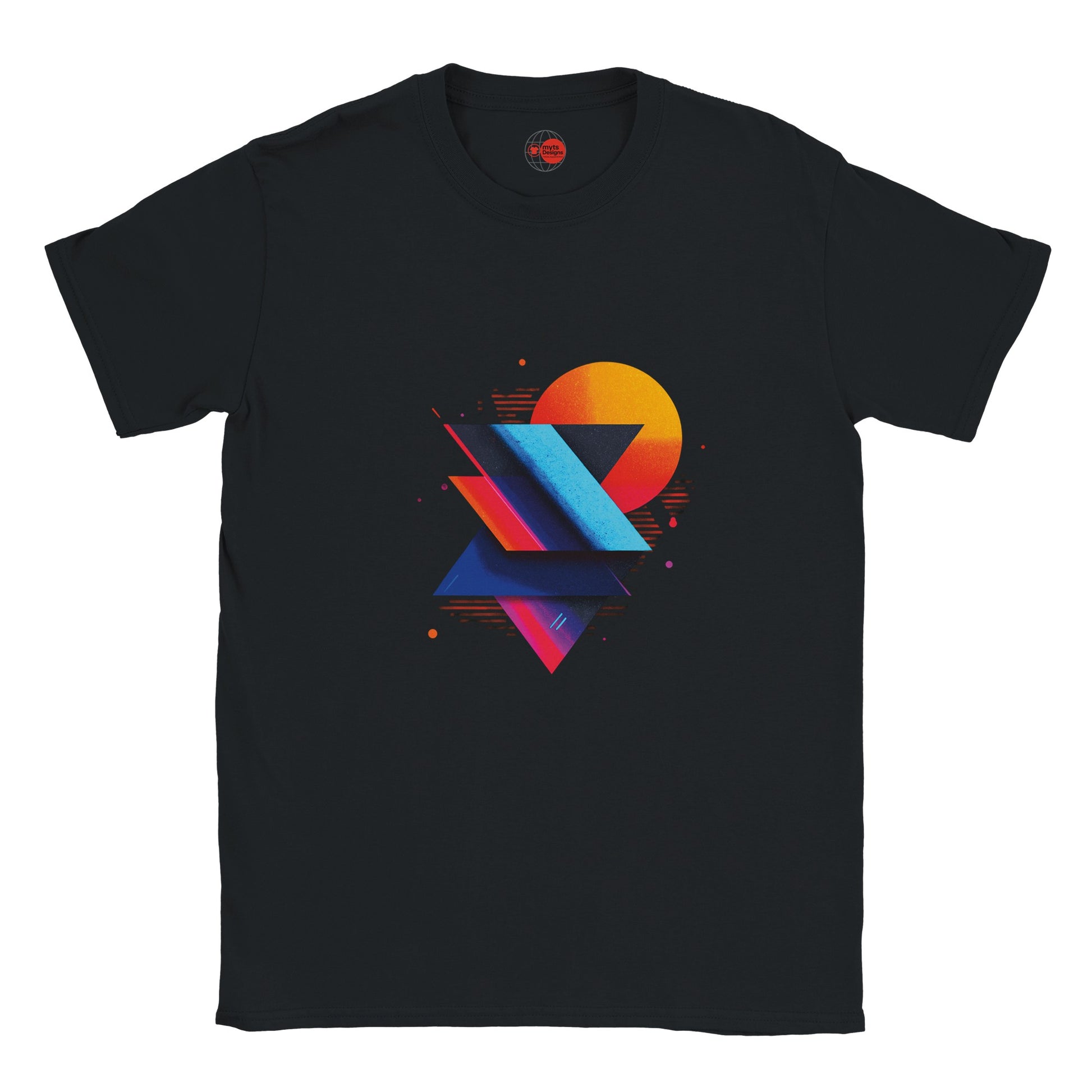 Black t-shirt with colorful geometric design on a white background