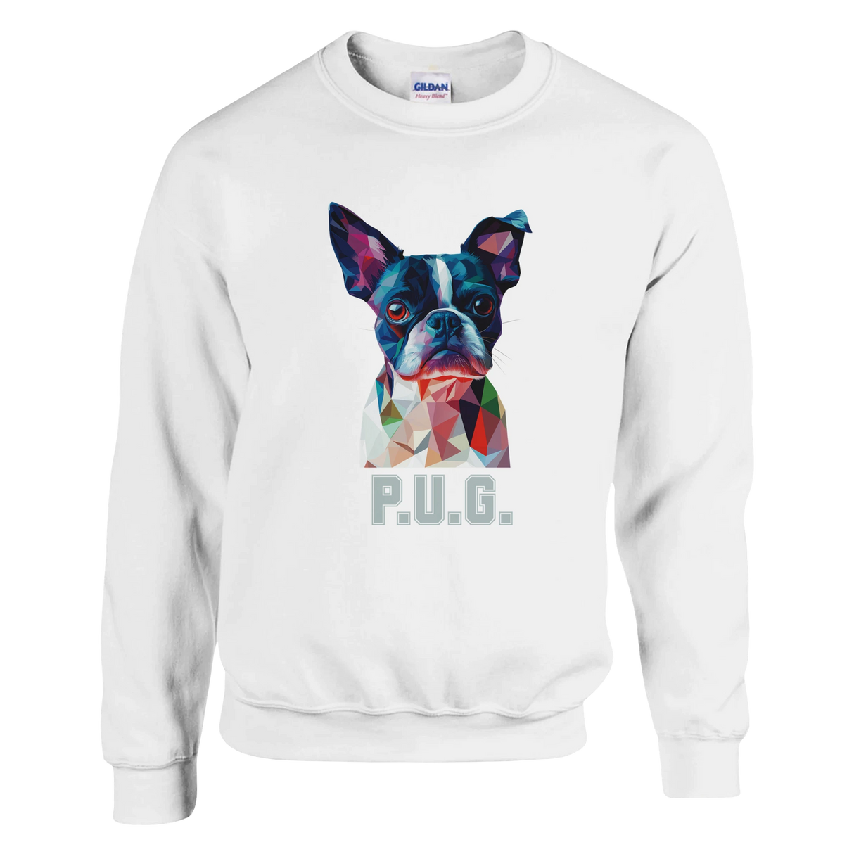 A white sweatshirt featuring a vibrant polygon-style dog portrait with the text “P.U.G..” below.
