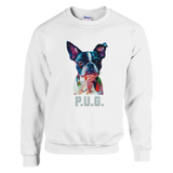 A white sweatshirt featuring a vibrant polygon-style dog portrait with the text “P.U.G..” below.
