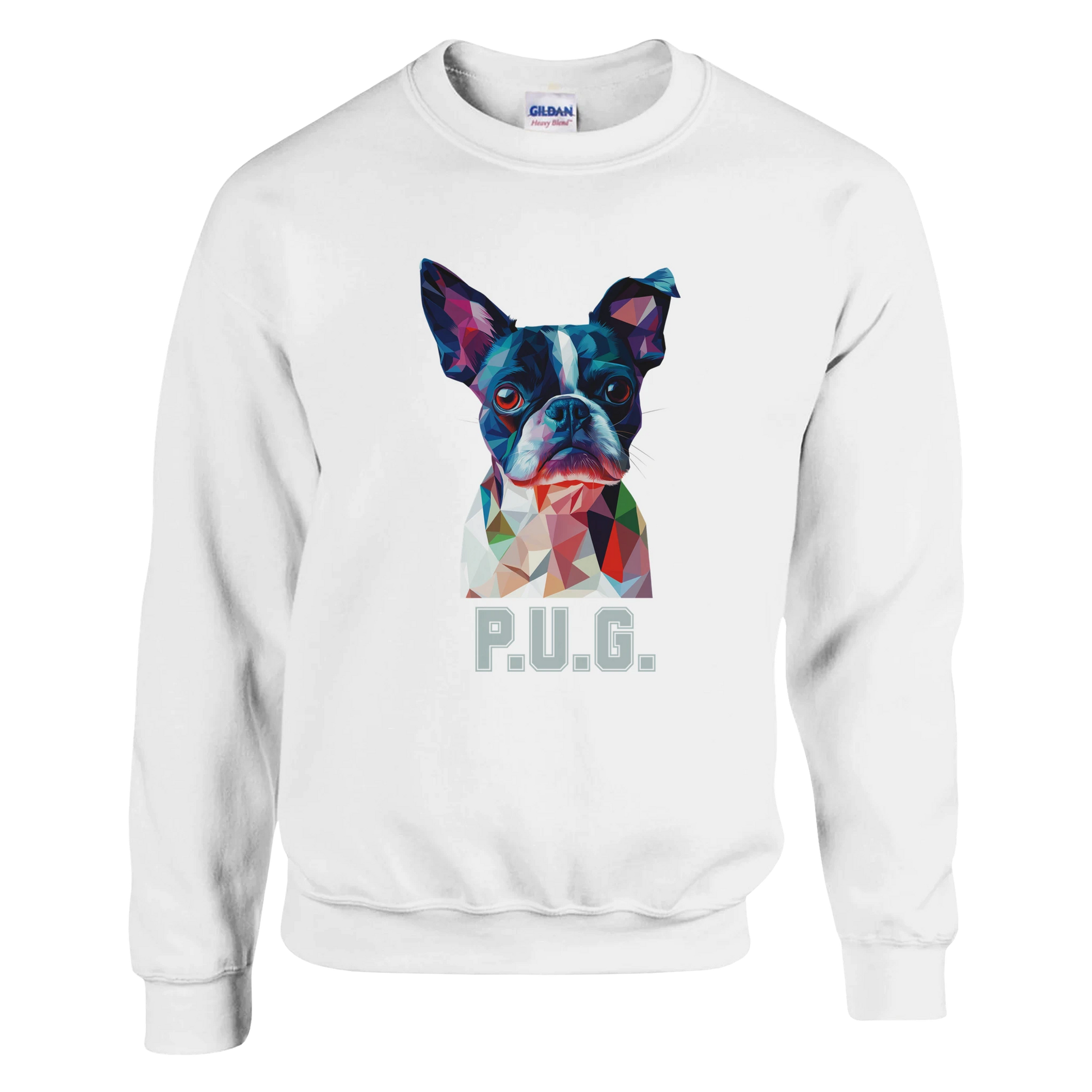 A white sweatshirt featuring a vibrant polygon-style dog portrait with the text “P.U.G..” below.
