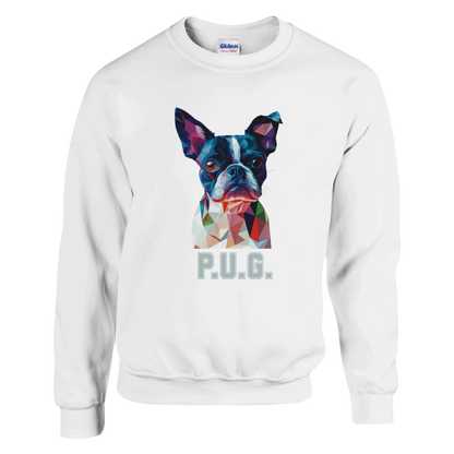 A white sweatshirt featuring a vibrant polygon-style dog portrait with the text “P.U.G..” below.
