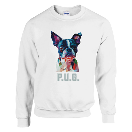 A white sweatshirt featuring a vibrant polygon-style dog portrait with the text “P.U.G..” below.
